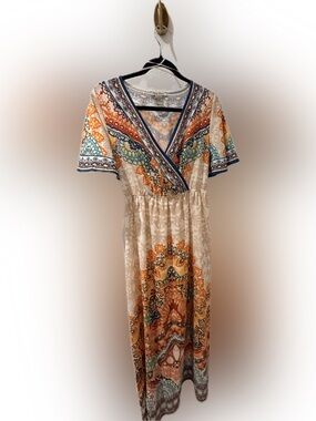 Flying Tomato Cream Maxi Dress with Orange, Teal & Navy Accents